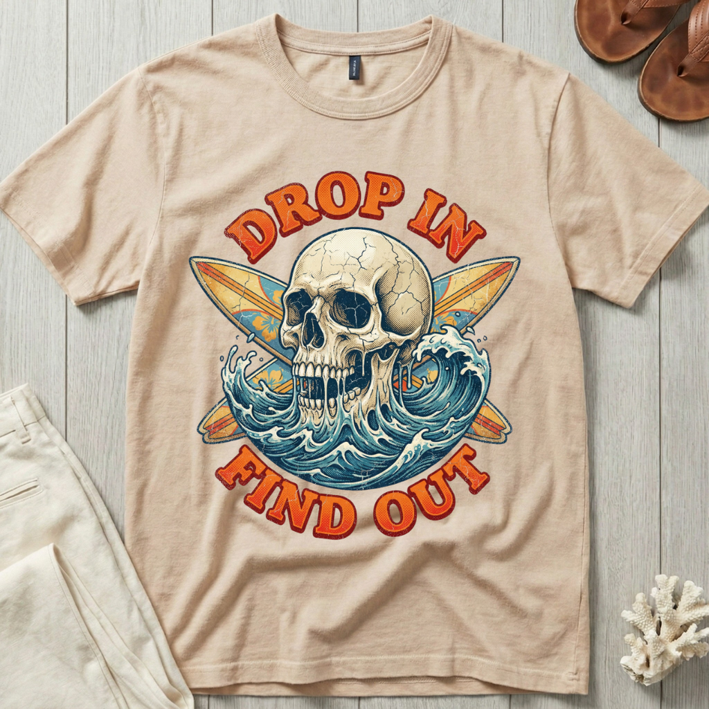 Drop In · Find Out - Skull & Crossed Boards T-Shirt