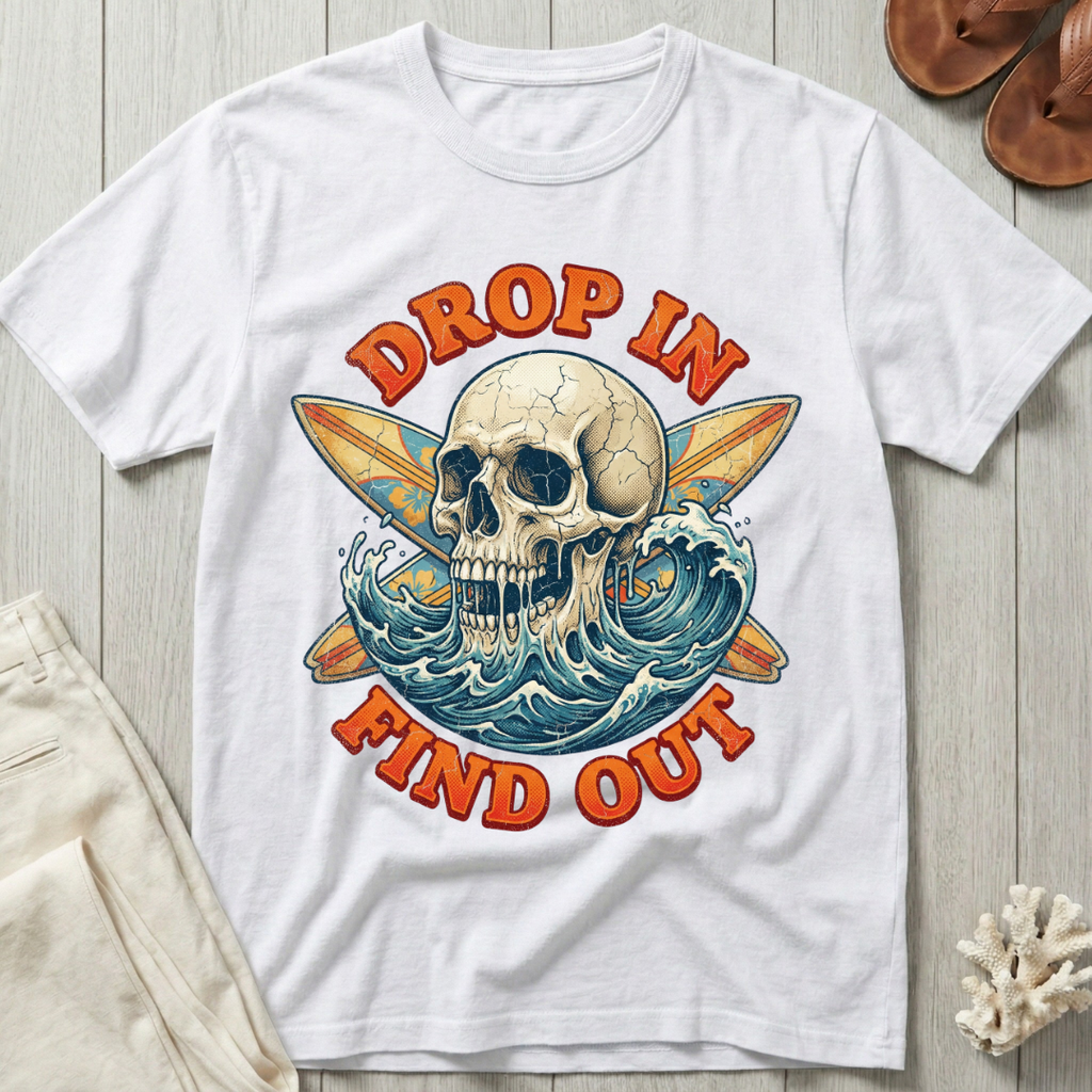 Drop In · Find Out - Skull & Crossed Boards T-Shirt