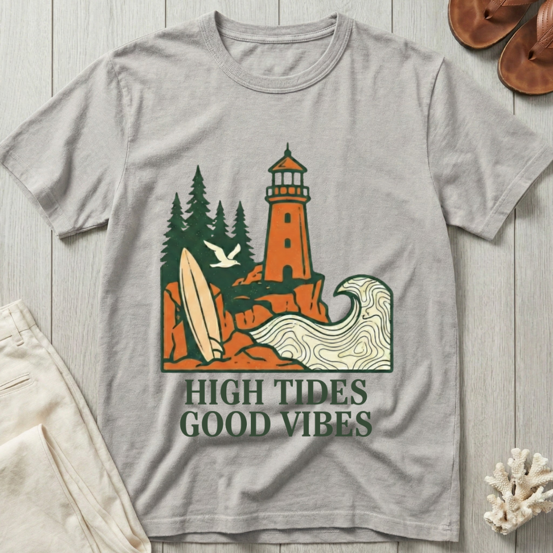 High Tides · Good Vibes - Lighthouse & Surfboard T-Shirt