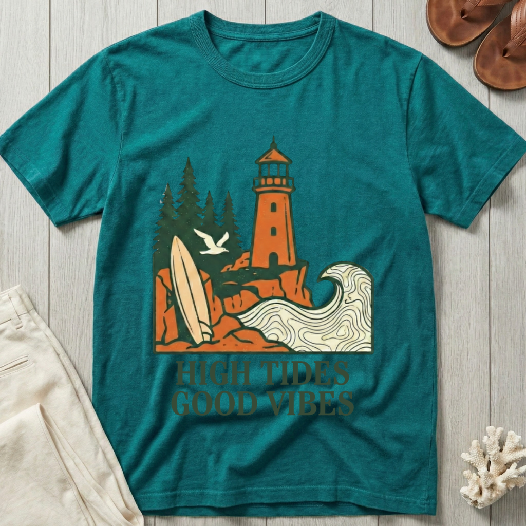 High Tides · Good Vibes - Lighthouse & Surfboard T-Shirt