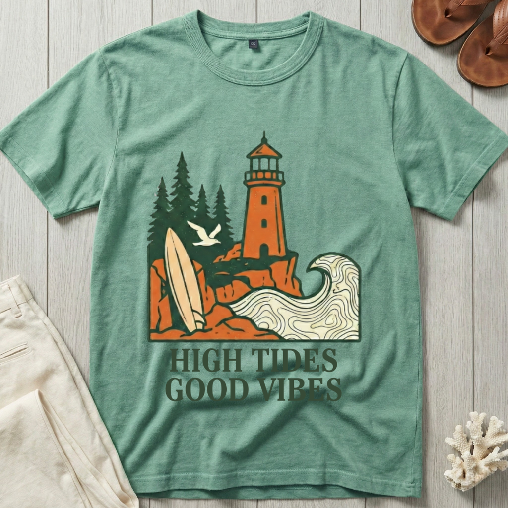 High Tides · Good Vibes - Lighthouse & Surfboard T-Shirt