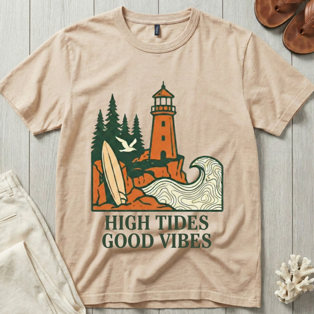 High Tides · Good Vibes - Lighthouse & Surfboard T-Shirt