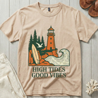 High Tides · Good Vibes - Lighthouse & Surfboard T-Shirt