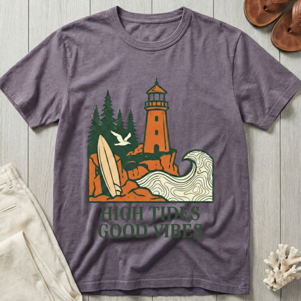 High Tides · Good Vibes - Lighthouse & Surfboard T-Shirt