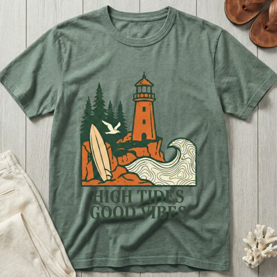 High Tides · Good Vibes - Lighthouse & Surfboard T-Shirt
