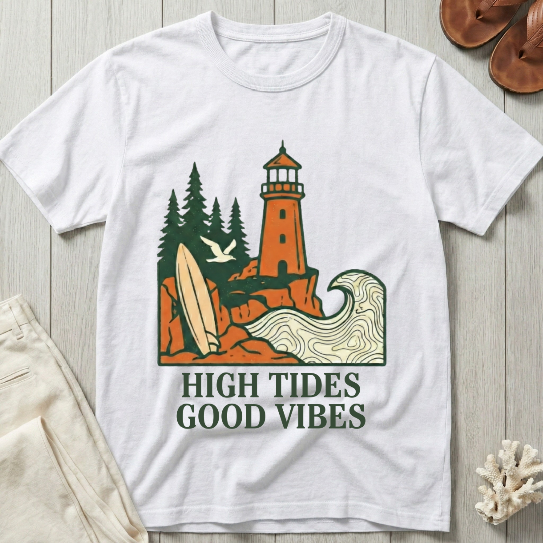 High Tides · Good Vibes - Lighthouse & Surfboard T-Shirt