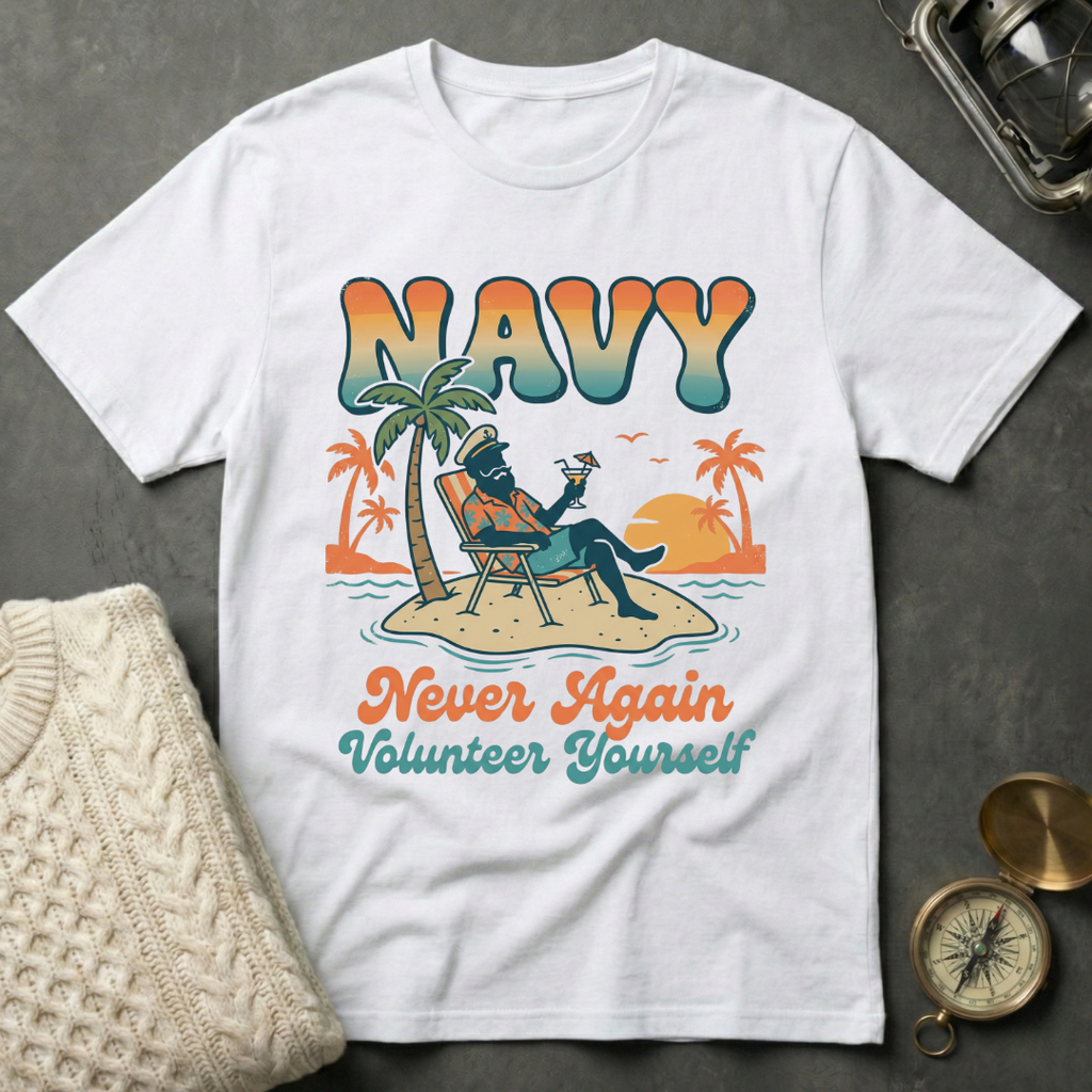 NAVY · Never Again Volunteer Yourself - Groovy Retro T-Shirt