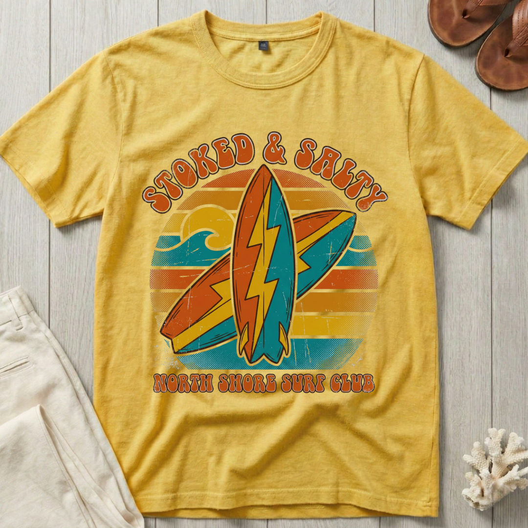 Stoked & Salty - Distressed Groovy Retro T-Shirt
