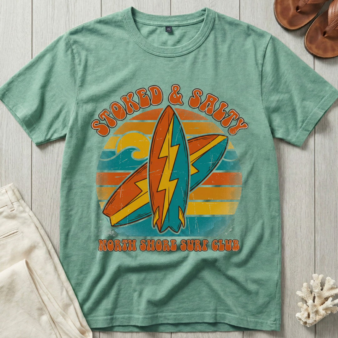 Stoked & Salty - Distressed Groovy Retro T-Shirt