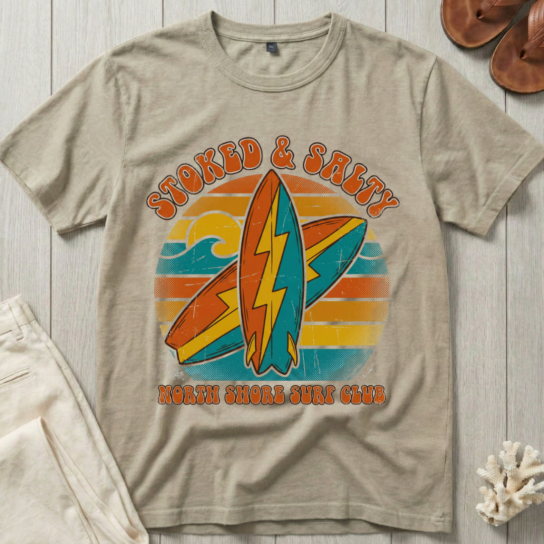 Stoked & Salty - Distressed Groovy Retro T-Shirt