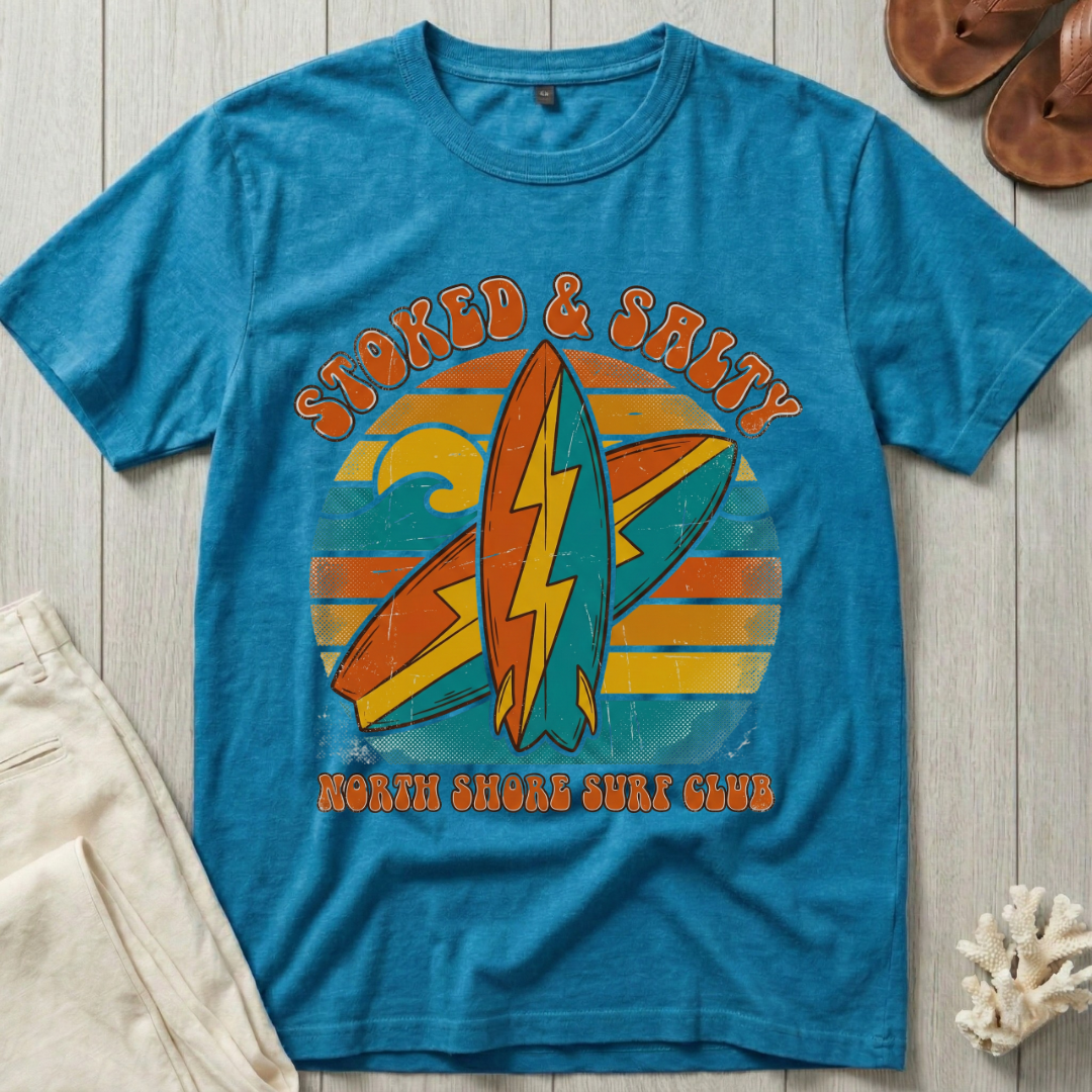 Stoked & Salty - Distressed Groovy Retro T-Shirt