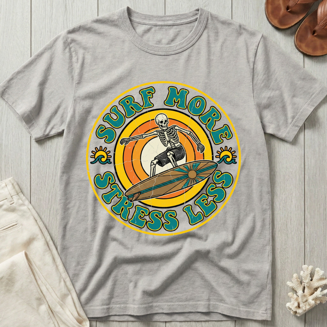 Surf More · Stress Less -  Groovy Retro T-Shirt