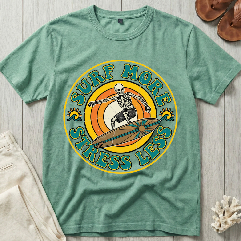 Surf More · Stress Less -  Groovy Retro T-Shirt