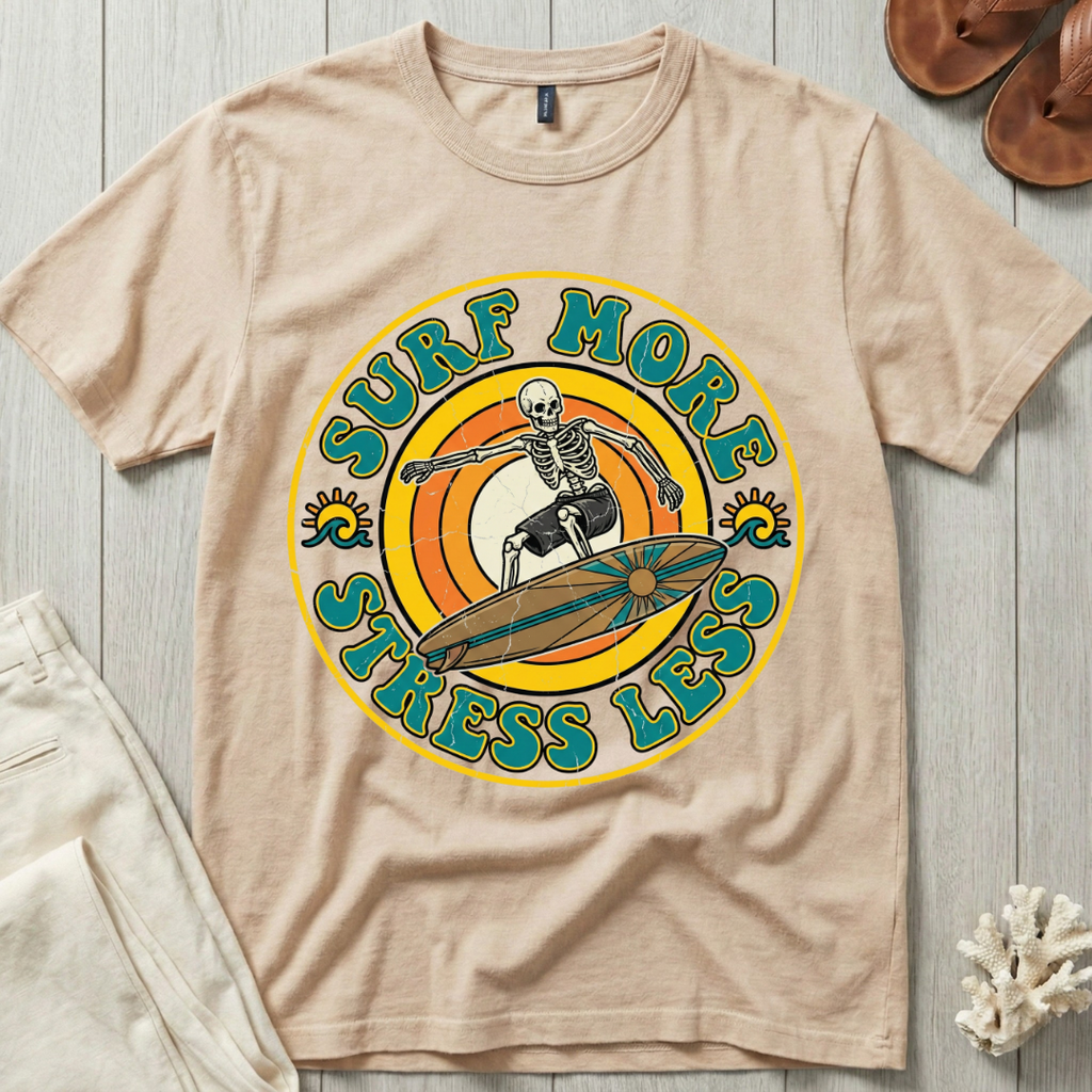 Surf More · Stress Less -  Groovy Retro T-Shirt