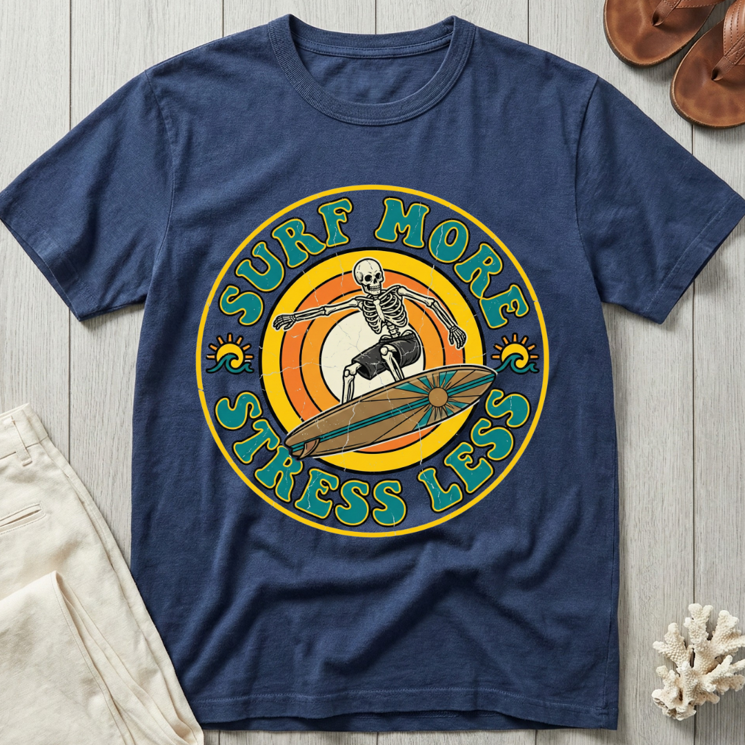 Surf More · Stress Less -  Groovy Retro T-Shirt