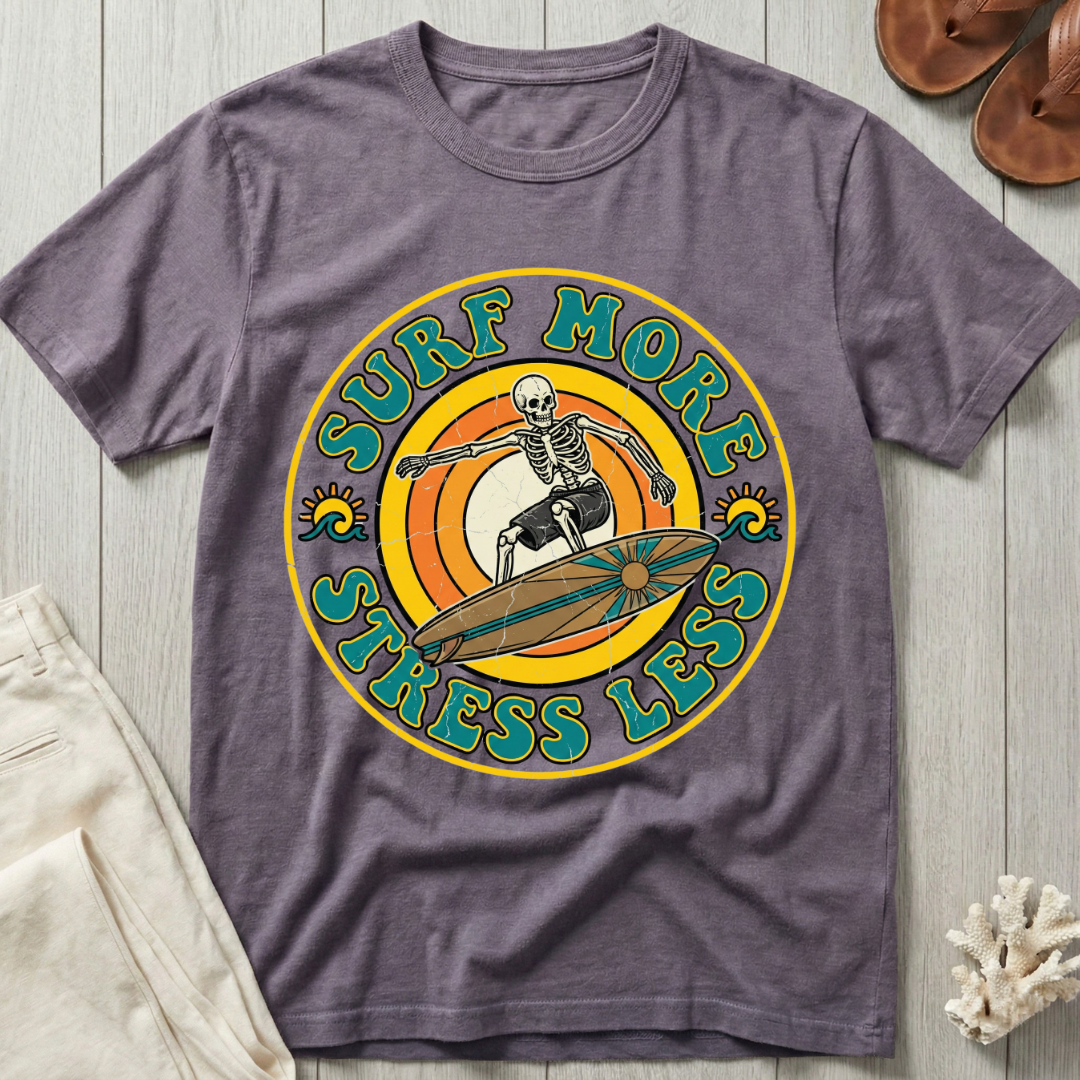 Surf More · Stress Less -  Groovy Retro T-Shirt