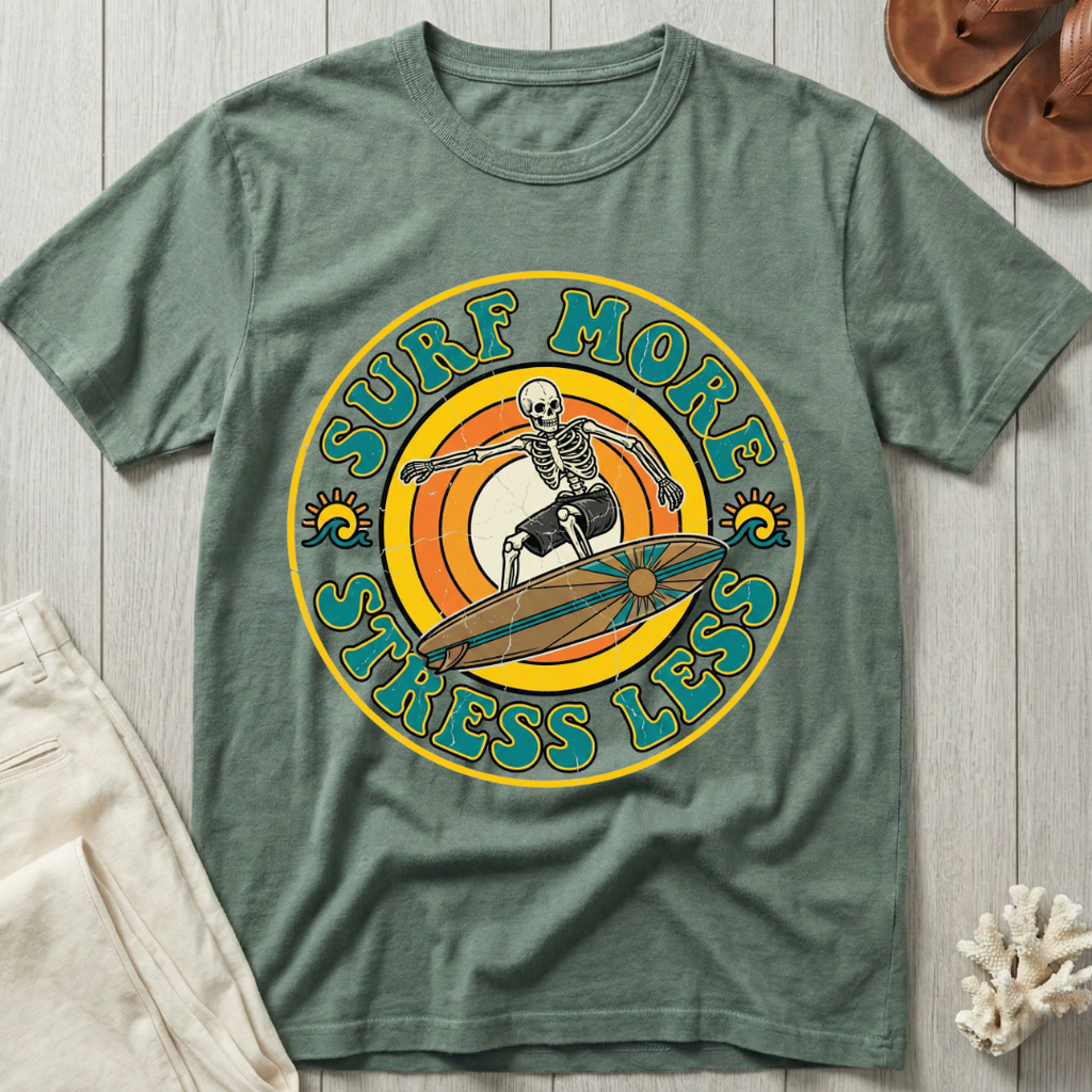 Surf More · Stress Less -  Groovy Retro T-Shirt