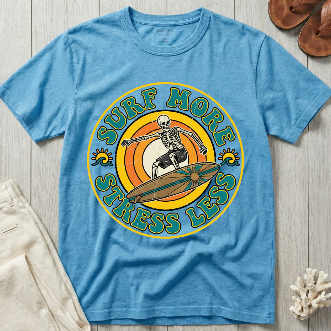 Surf More · Stress Less -  Groovy Retro T-Shirt