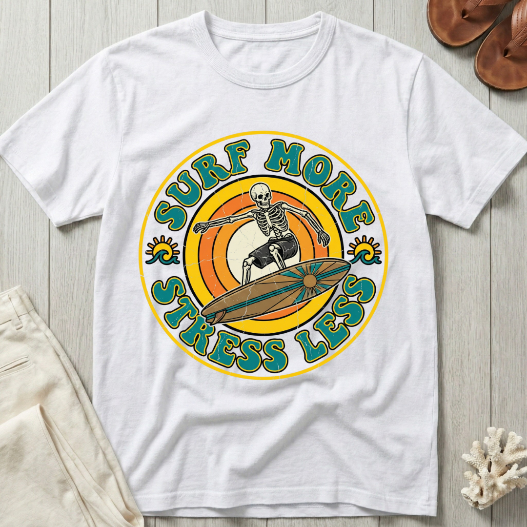 Surf More · Stress Less -  Groovy Retro T-Shirt