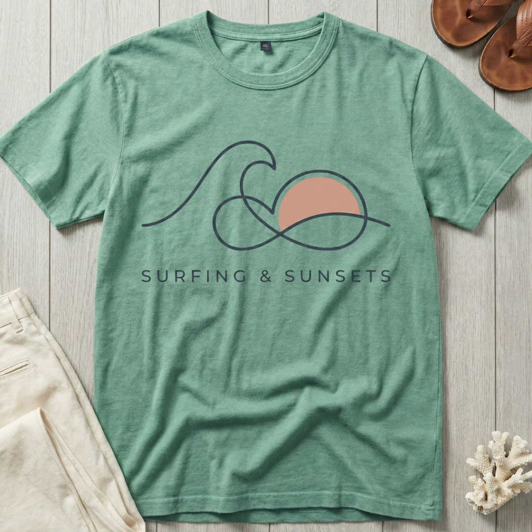 Surfing & Sunsets - Line Art T-Shirt
