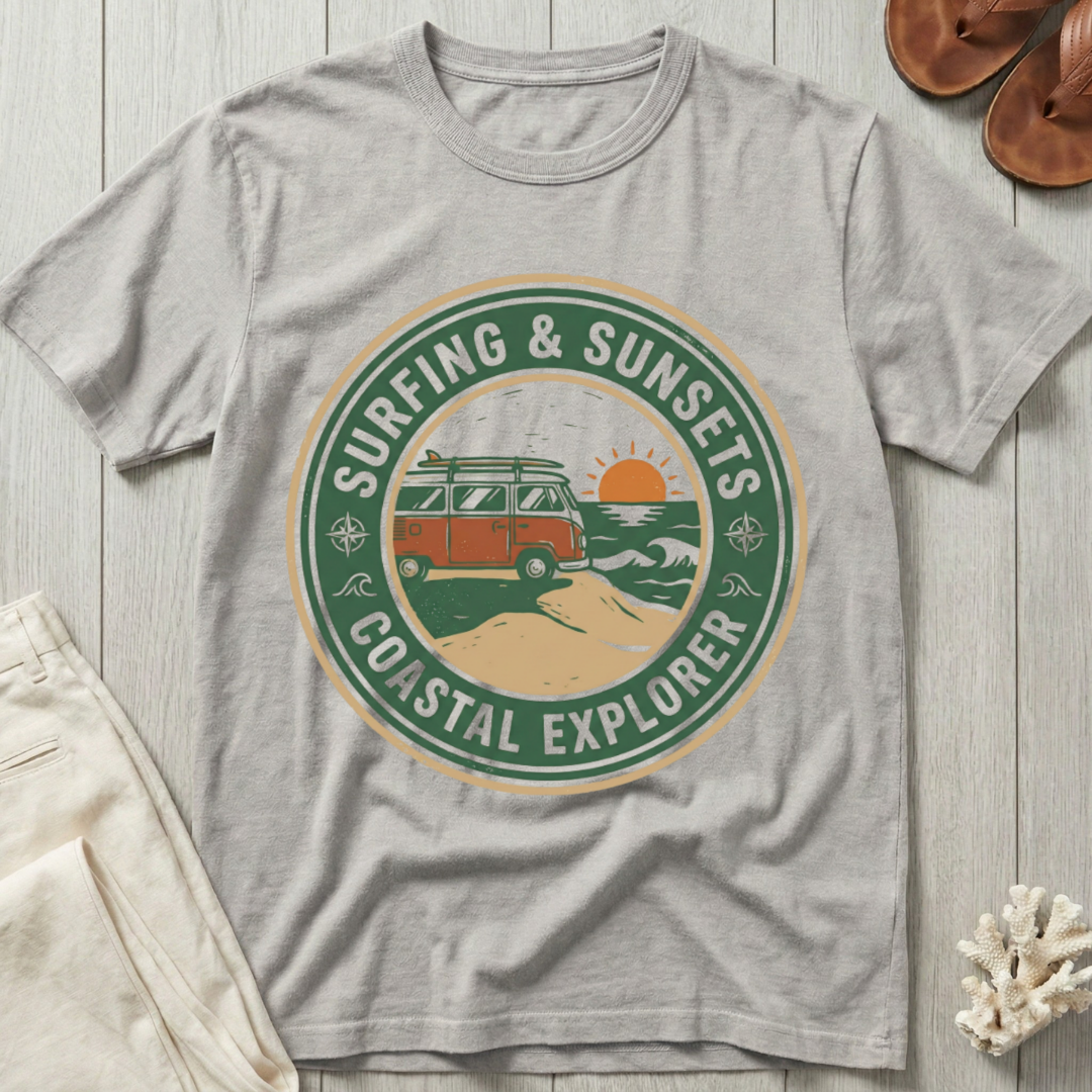 Surfing & Sunsets · Coastal Explorer - Badge T-Shirt