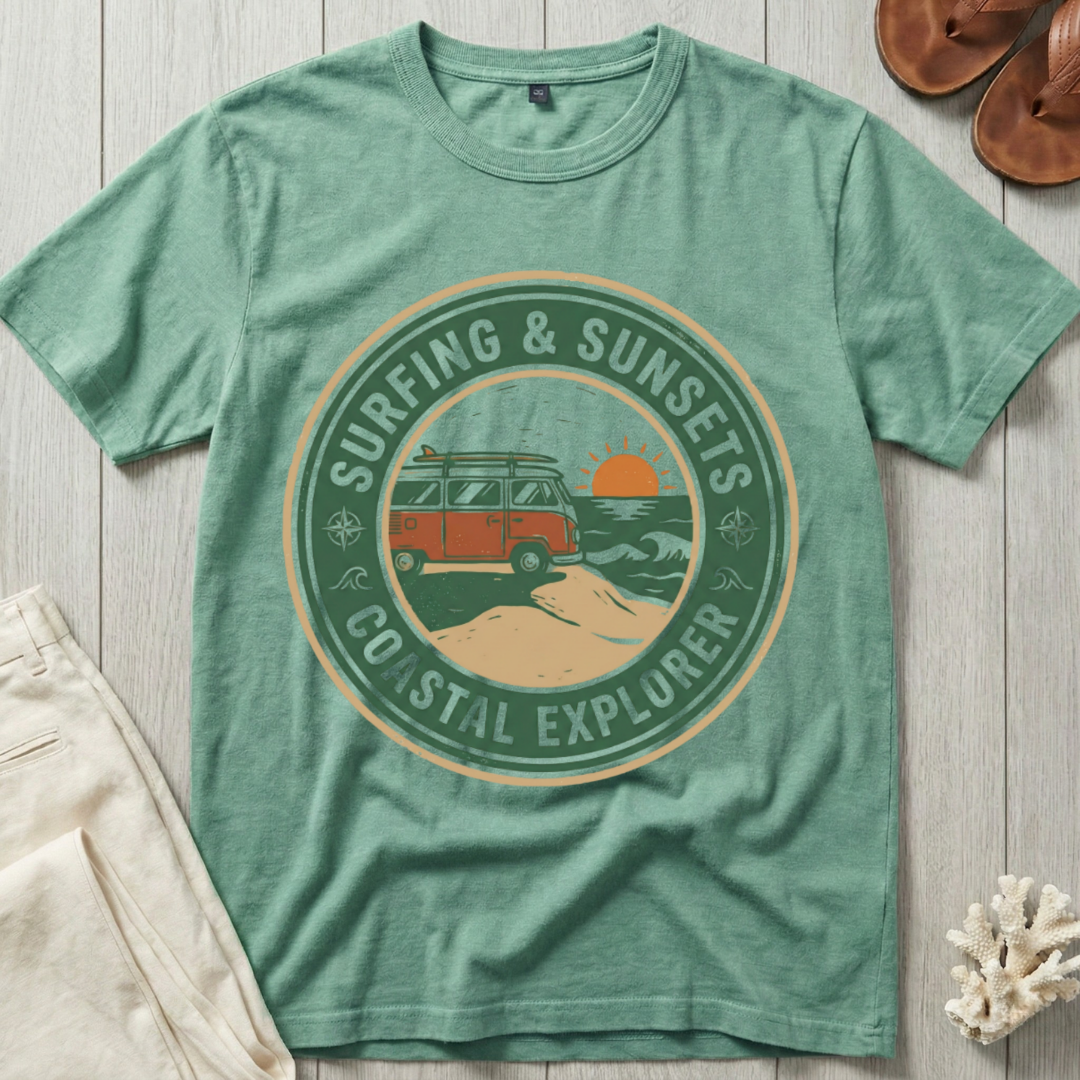 Surfing & Sunsets · Coastal Explorer - Badge T-Shirt