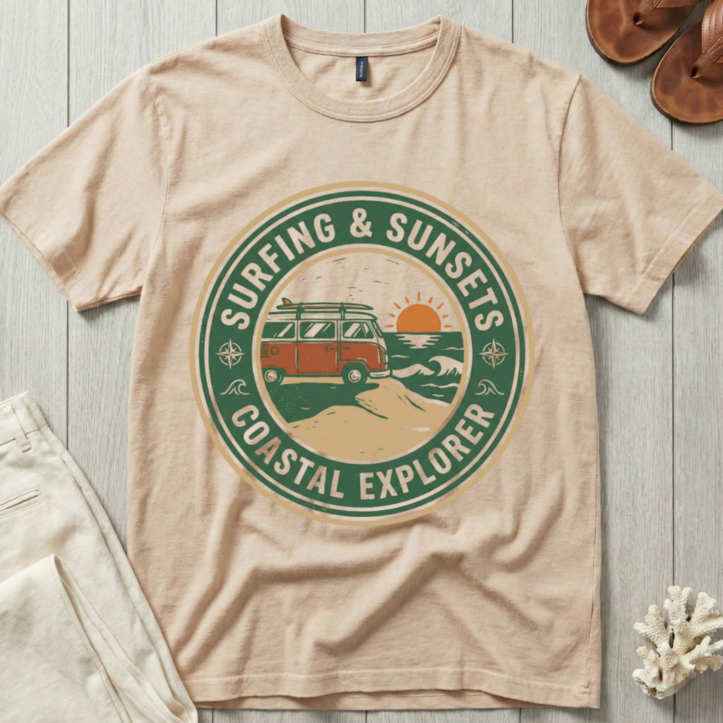 Surfing & Sunsets · Coastal Explorer - Badge T-Shirt