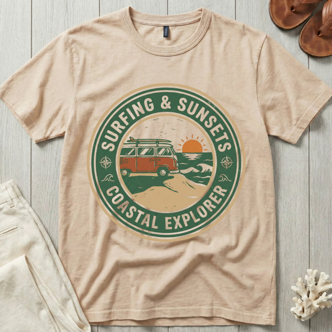 Surfing & Sunsets · Coastal Explorer - Badge T-Shirt