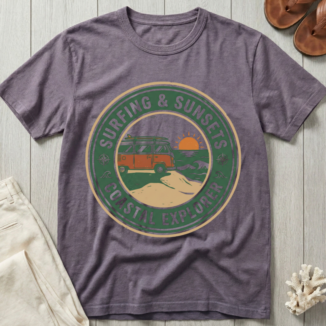 Surfing & Sunsets · Coastal Explorer - Badge T-Shirt