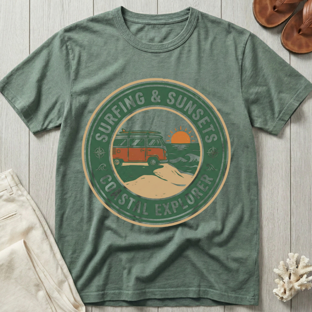 Surfing & Sunsets · Coastal Explorer - Badge T-Shirt