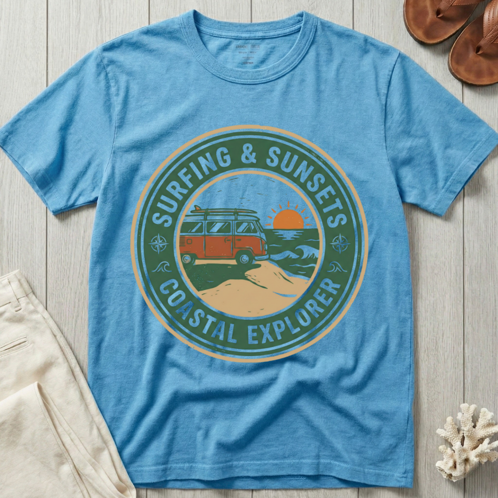 Surfing & Sunsets · Coastal Explorer - Badge T-Shirt