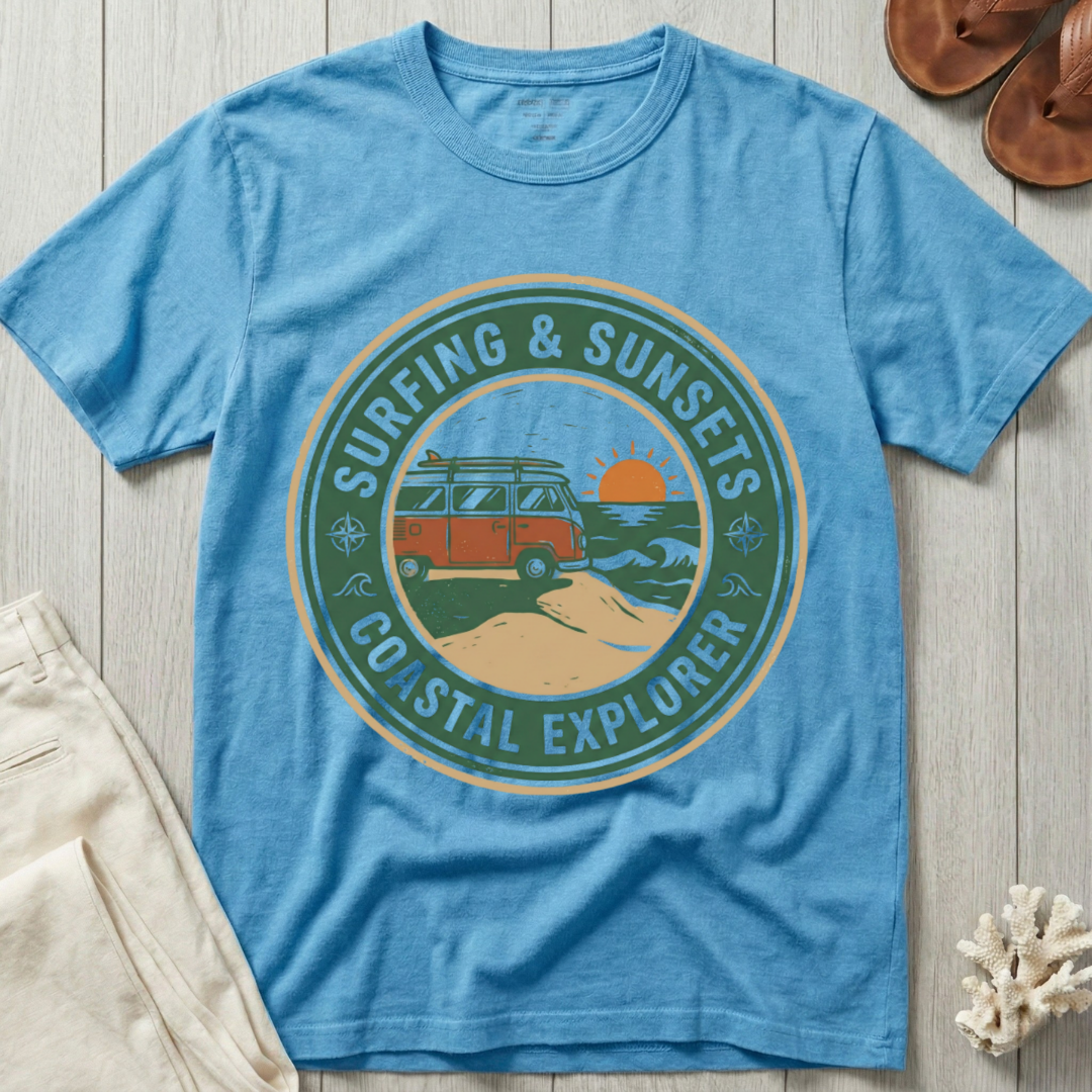 Surfing & Sunsets · Coastal Explorer - Badge T-Shirt