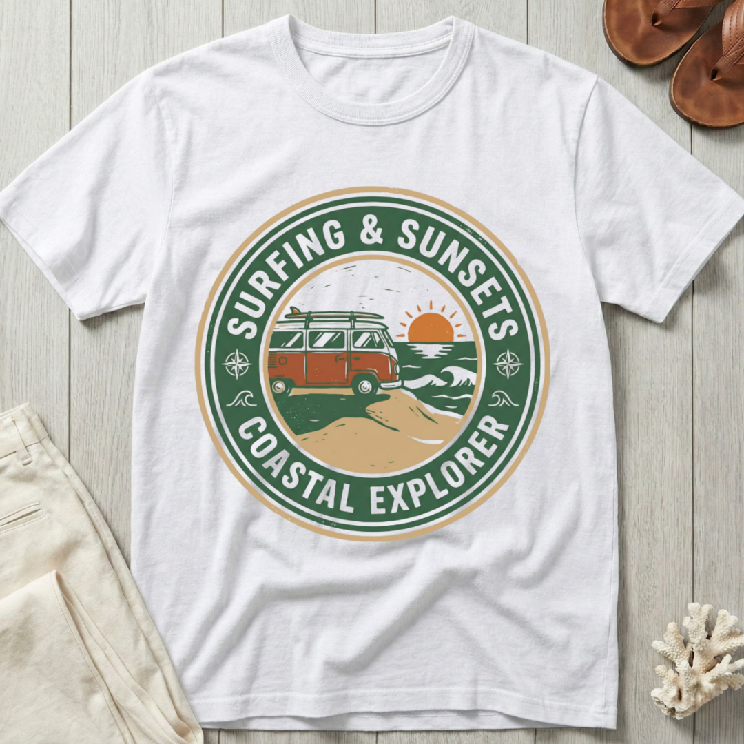 Surfing & Sunsets · Coastal Explorer - Badge T-Shirt