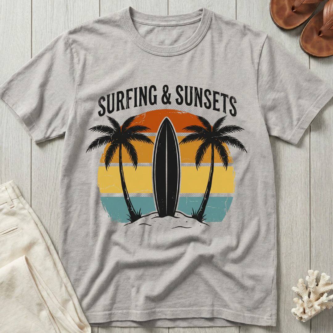Surfing and Sunsets - Distressed Retro T-Shirt