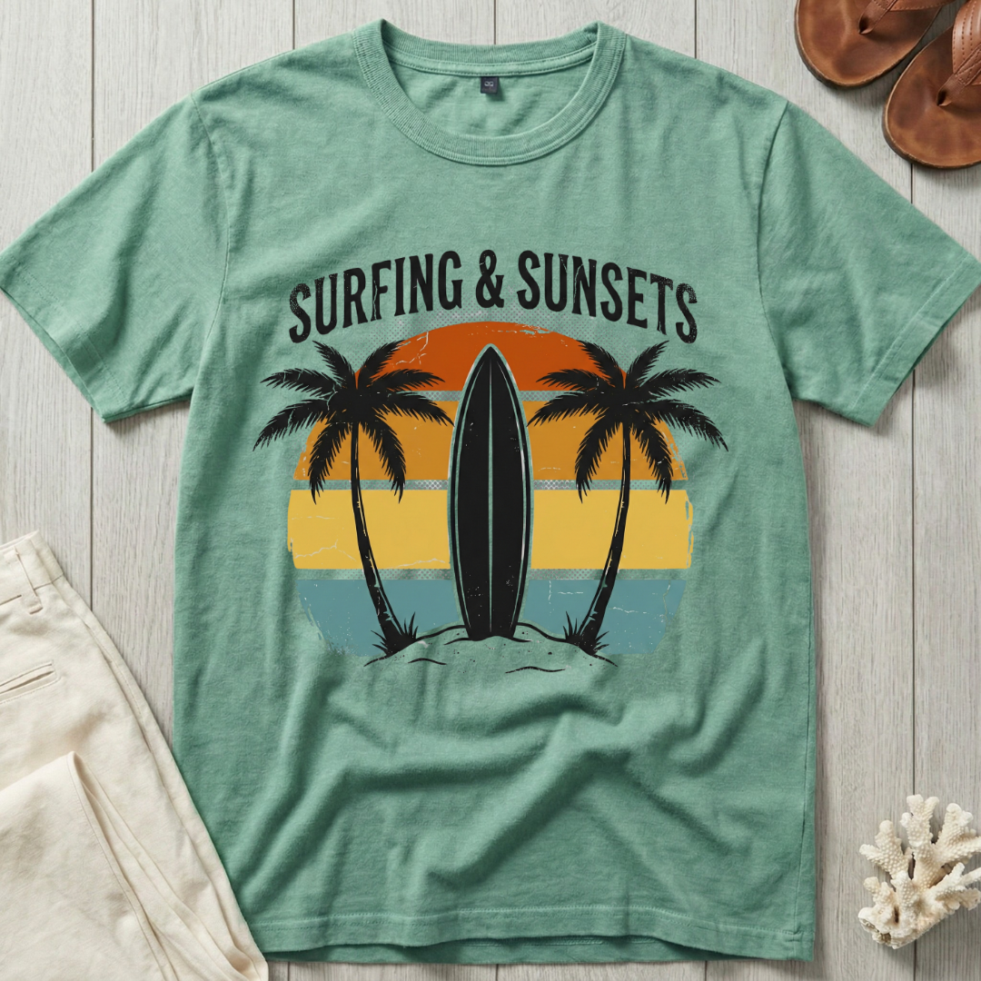 Surfing and Sunsets - Distressed Retro T-Shirt