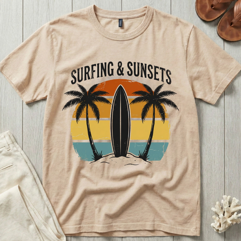 Surfing and Sunsets - Distressed Retro T-Shirt