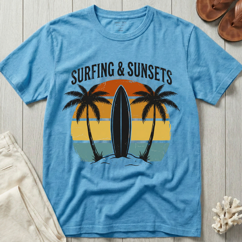 Surfing and Sunsets - Distressed Retro T-Shirt