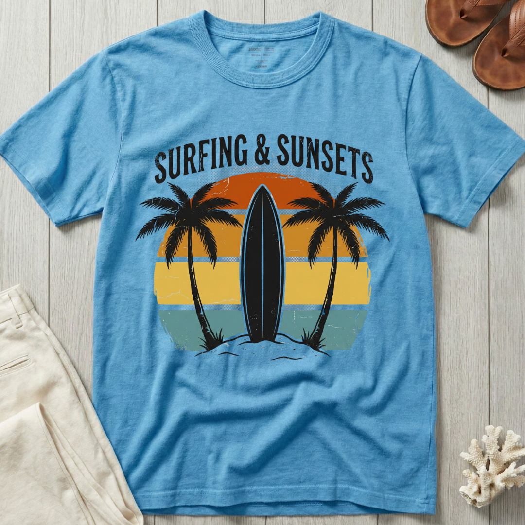 Surfing and Sunsets - Distressed Retro T-Shirt