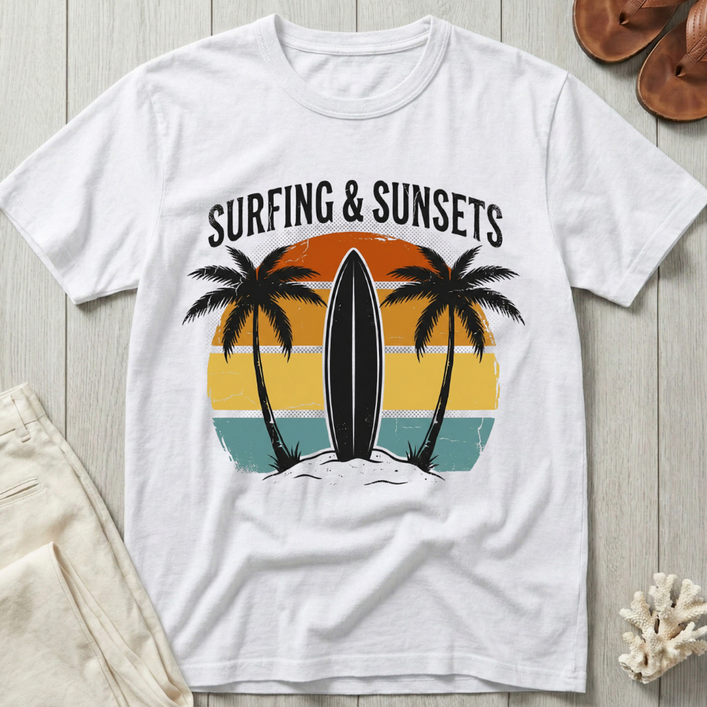 Surfing and Sunsets - Distressed Retro T-Shirt